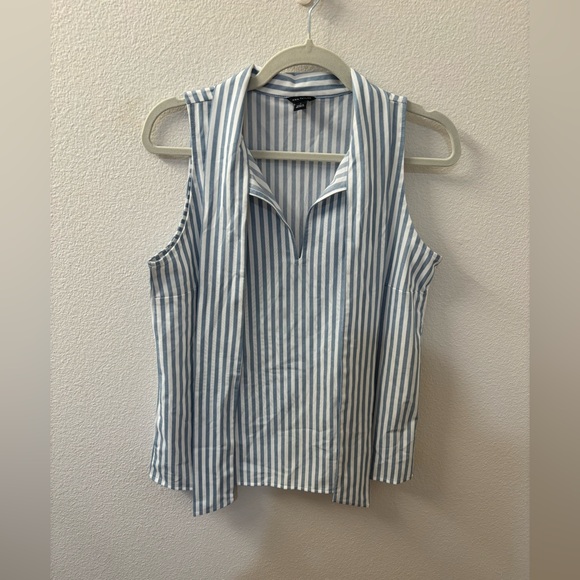 Ann Taylor Blue White Striped Tie Neck Sleeveless Blouse Size Small - Picture 2 of 6